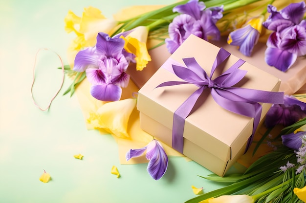 Eine Geschenkbox mit lila Schleife und Blumen auf grünem Hintergrund