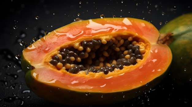 Eine geschnittene halbe Papaya mit Wassertropfen