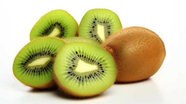 Eine geschnittene Kiwi neben einer ganzen Kiwi