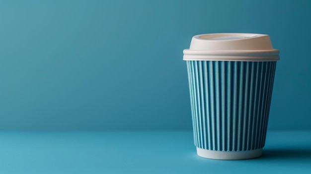 Eine gestreifte Kaffeetasse auf einem minimalistischen blauen Hintergrund