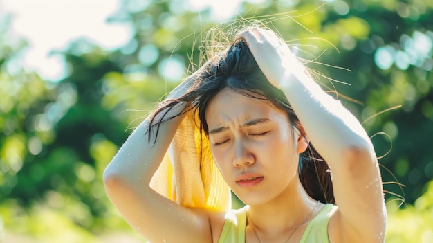 Eine gestresste asiatische Frau trocknet den Schweiß mit einem Tuch an einem warmen Sommertag