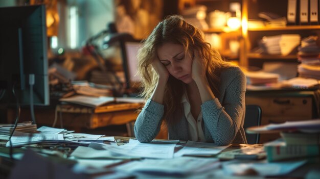 Eine gestresste Geschäftsfrau sitzt an ihrem Schreibtisch