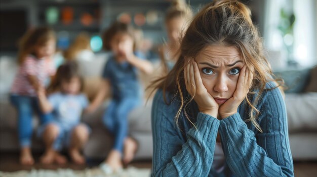 Eine gestresste Mutter überwältigt vom Chaos der Spielzeit ihrer Kinder