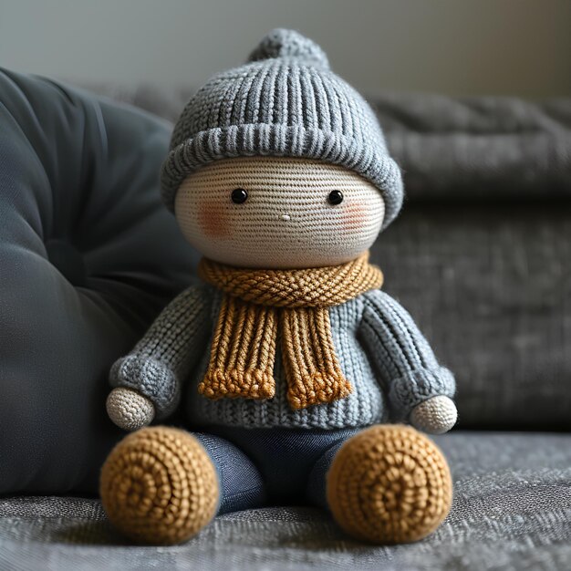 Eine gestrickte Puppe sitzt auf einer Couch und trägt einen Schal und einen Hut mit einem gestrickten Schal um sie herum