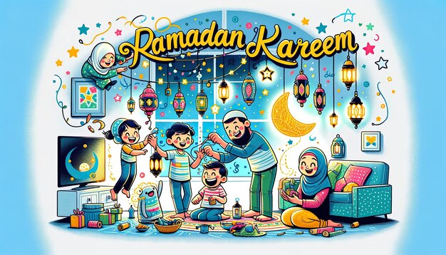 Eine gesunde Familie bereitet sich auf den Ramadan in einem spielerischen Zeichentrickfilm vor