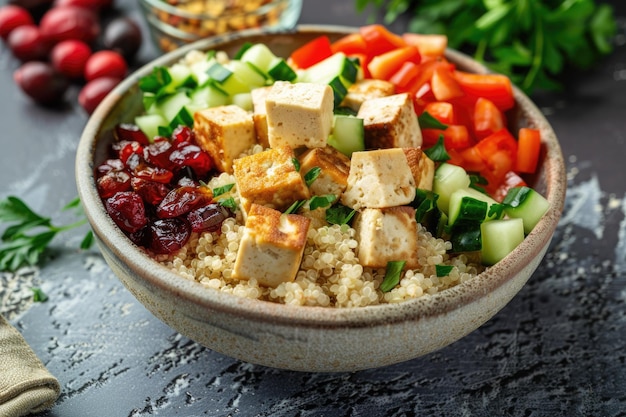 Eine gesunde und leckere Tofu-Schüssel mit Quinoa, braunem Reis und Couscous