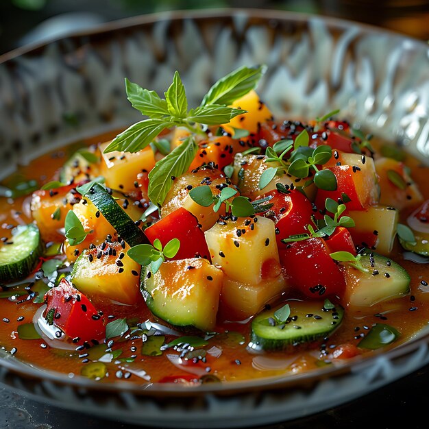 Eine gesunde vegetarische Mahlzeit mit frischem Gemüse und schmackhafter Soße