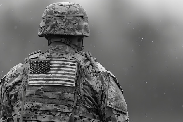 Eine getarnte US-Militäruniform mit einem Flaggenpflaster auf der Rückseite schwarz-weiß Foto