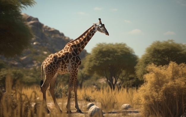 Eine Giraffe auf einem Savanne-Hintergrund-Safari-Tier-Nationalpark ai generiert