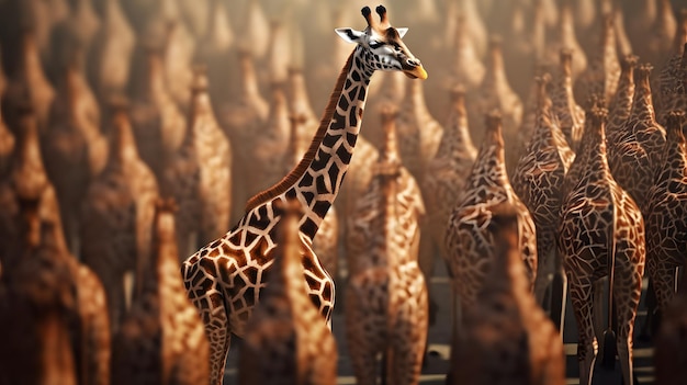 Eine Giraffe, die in einer Herde von Giraffen steht.