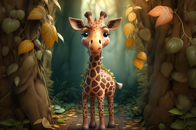 Eine Giraffe in einem Wald mit Blättern auf dem Boden