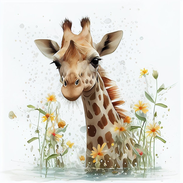 Eine Giraffe ist im Wasser und das Wasser ist von Blumen umgeben.