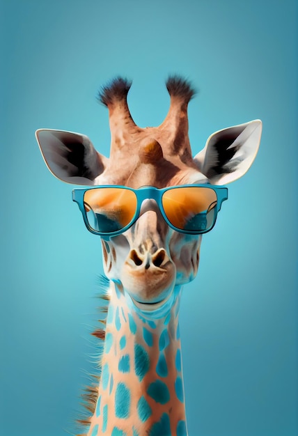 Eine Giraffe mit blauer Brille und blauem Hintergrund
