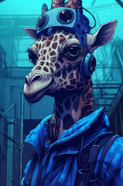 Eine Giraffe mit blauer Jacke und blauem Hut.