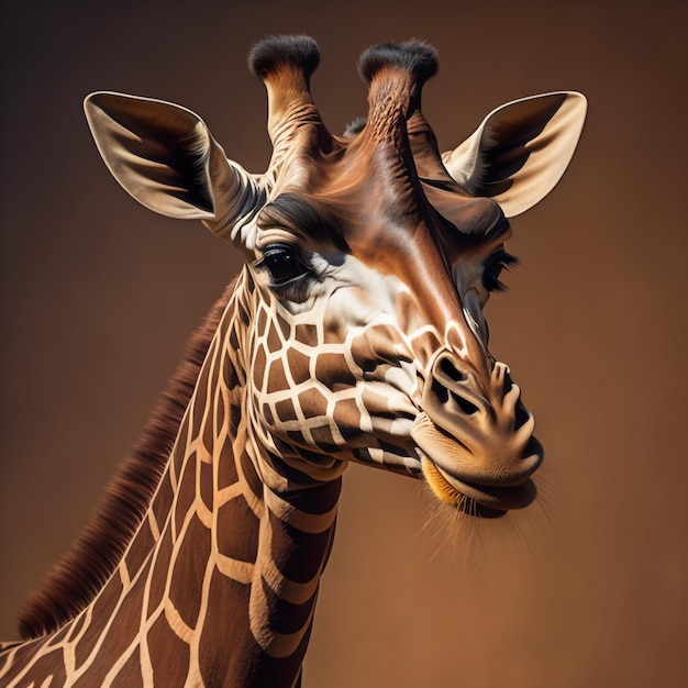 Eine Giraffe mit braunem Hintergrund, die einen braunen Hintergrund hat.