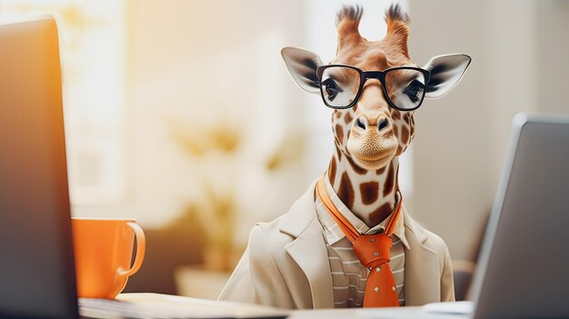 eine Giraffe mit Brille und einem Geschäftsanzug und