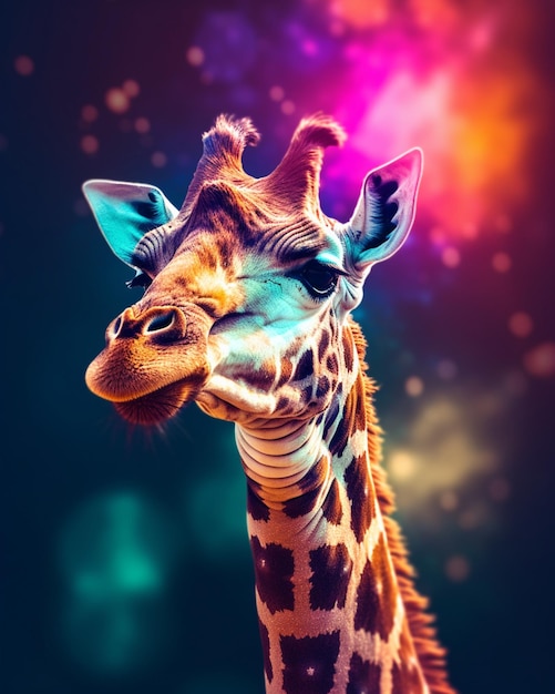 Eine Giraffe mit buntem Hintergrund und schwarzem Hintergrund