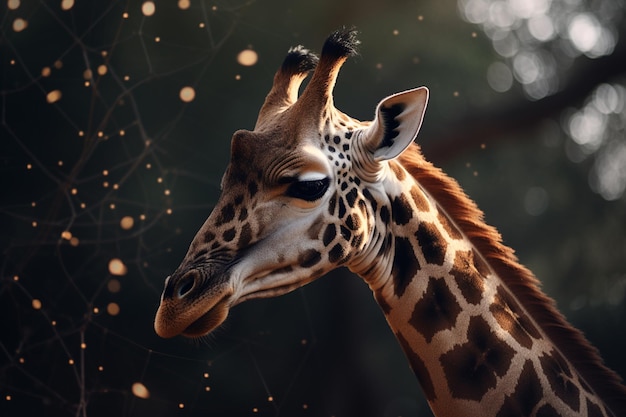 Eine Giraffe mit einem schwarzen Hintergrund und einem schwarzen Hintergrund.