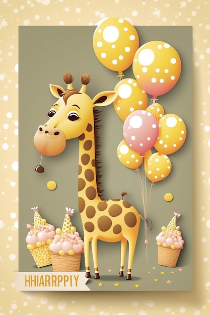 Foto eine giraffe mit luftballons und ein cupcake mit einem kuchen darauf.