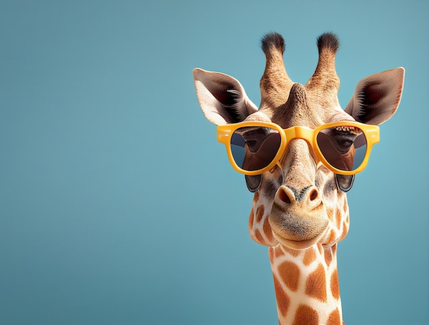 Eine Giraffe mit Sonnenbrille und blauem Hintergrund.