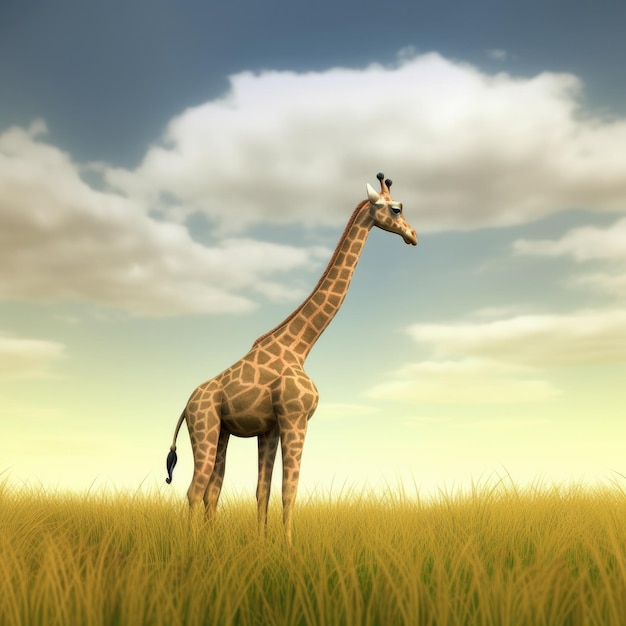 Eine Giraffe steht auf einem Feld mit einem bewölkten Himmel im Hintergrund.