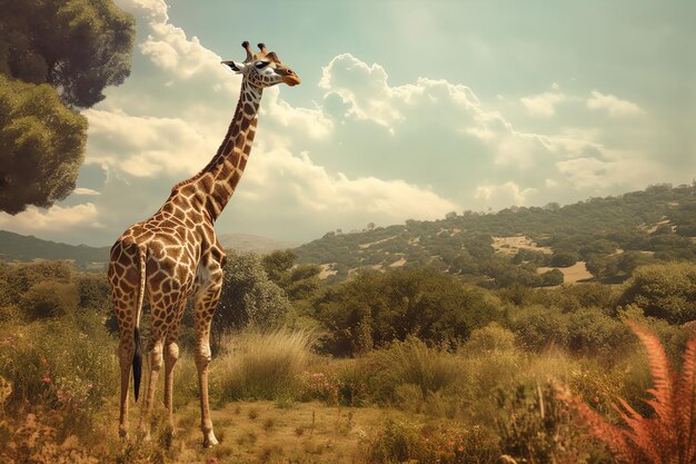 Eine Giraffe steht auf einem Feld mit einem bewölkten Himmel im Hintergrund