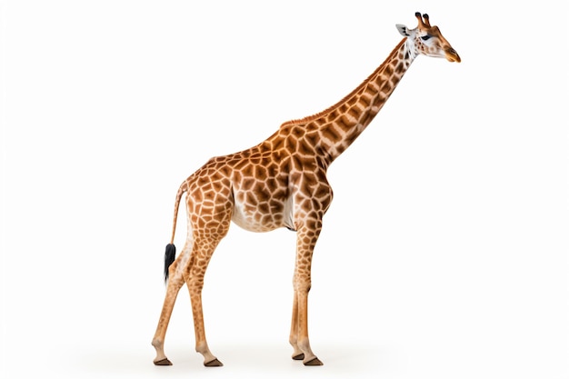 Eine Giraffe steht auf einer weißen Fläche mit weißem Hintergrund