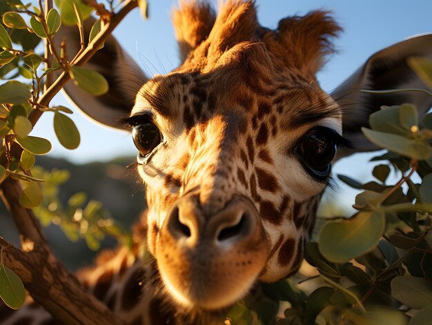 Eine Giraffe streckt ihren Hals aus, um die Blätter eines hoch aufragenden Baumes zu genießen