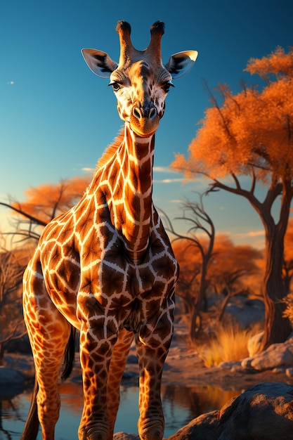 Eine Giraffe sucht in der Savanne in Afrika nach Futter. KI-generativ