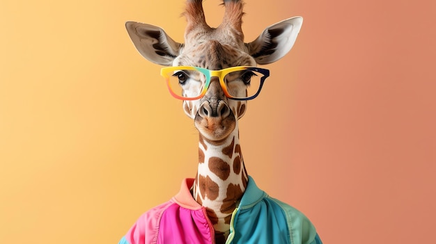 Eine Giraffe trägt eine Brille und eine bunte Jacke. Der Hintergrund ist ein Gradient aus Orange und Rosa. Die Giraffe schaut in die Kamera.