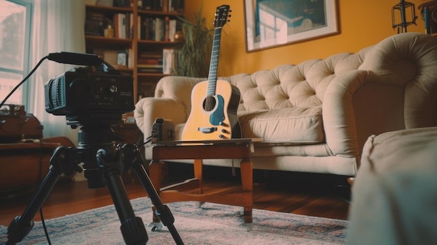 Eine Gitarre auf einem Tisch im Wohnzimmer