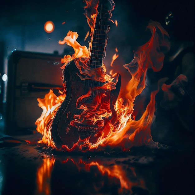 Eine Gitarre brennt in Flammen, darauf steht das Wort „Feuer“.