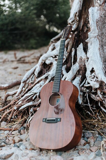 Foto eine gitarre ist ein beliebtes saiteninstrument, das in einer vielzahl von musikstücken verwendet wird