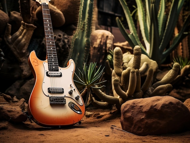Eine Gitarre liegt auf dem Boden neben einem Kaktus