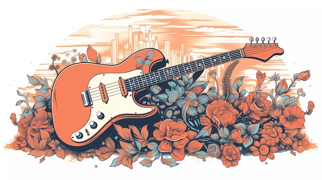 Eine Gitarre mit floralem Hintergrund und floralem Hintergrund