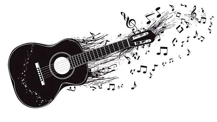 Foto eine gitarre mit musiknoten und einer musiknote darauf