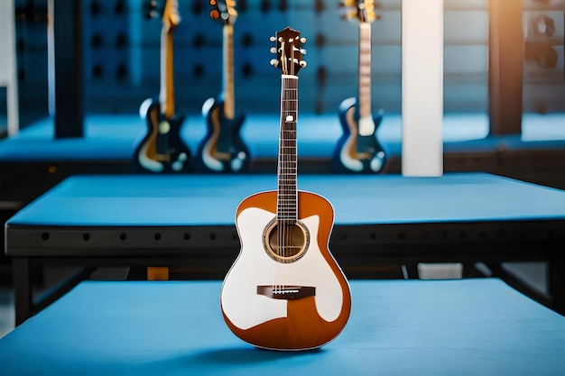 Eine Gitarre sitzt auf einem Tisch mit anderen Gitarren im Hintergrund.