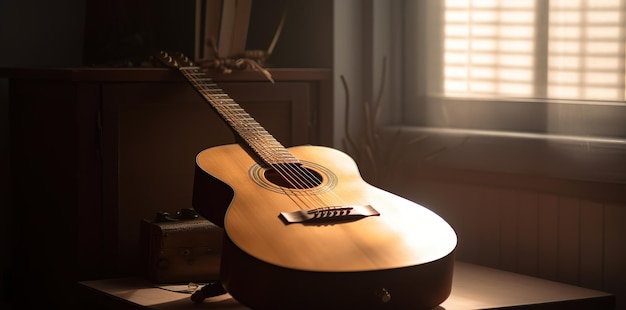 Eine Gitarre steht auf einem Tisch vor einem Fenster