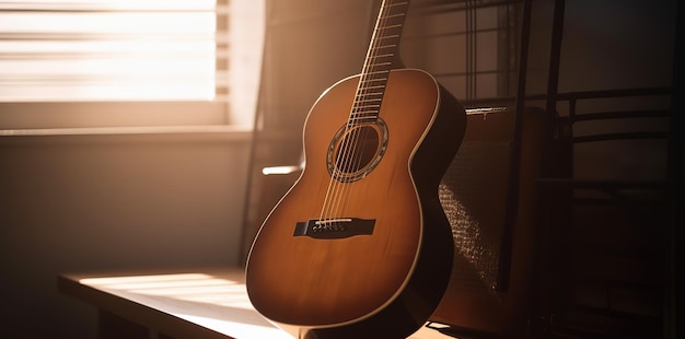 Eine Gitarre steht auf einer Couch vor einem Fenster