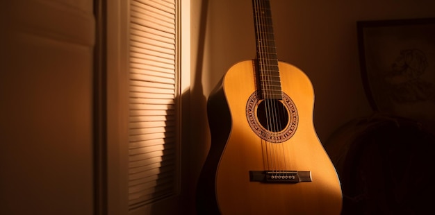 Eine Gitarre vor einem Fenster, durch das die Sonne scheint.