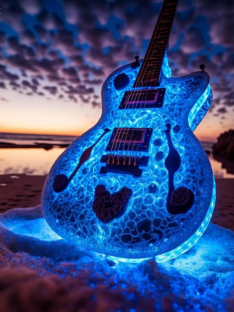 Eine Gitarre wird mit einem Herz darauf beleuchtet.