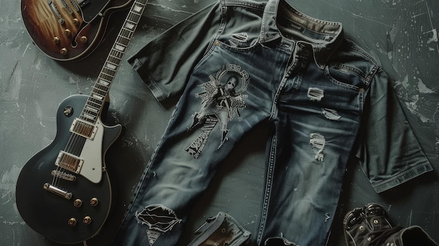 Eine Gitarrenjeans und Schuhe, die harmonisch angeordnet sind