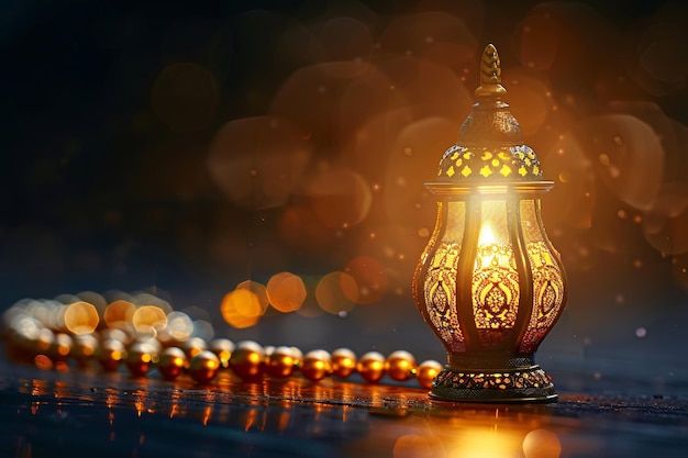 Eine glänzende Ramadan-Lampe, geschmückt mit muslimischen Gebetsperlen vor einem dunklen Hintergrund, der den bedeutenden islamischen Feiertag symbolisiert