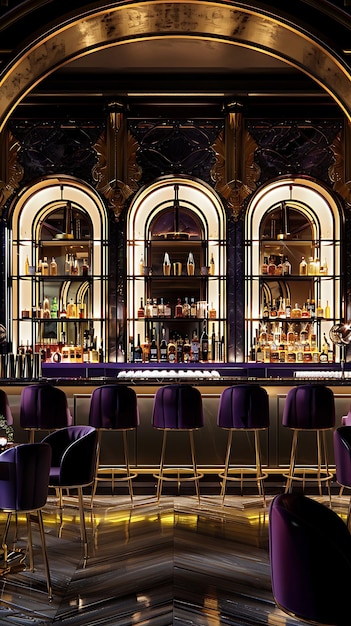 Eine glamouröse Art-Deco-Bar mit Bögen aus Goldblatt und violetten Ledersitzen