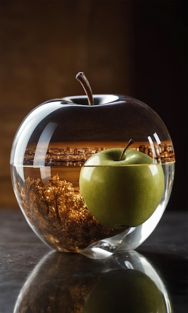 eine Glasappelschüssel mit einem grünen Apfel drin