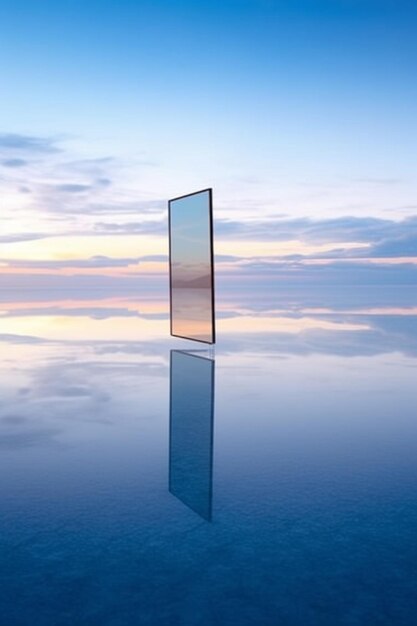 Eine Glasbox schwebt im Wasser mit Wolken auf einem Strand im Hintergrund