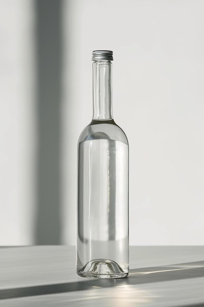 eine Glasflasche, die auf einem Tisch sitzt