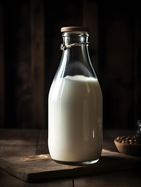 Eine Glasflasche Milch über einem Holztisch