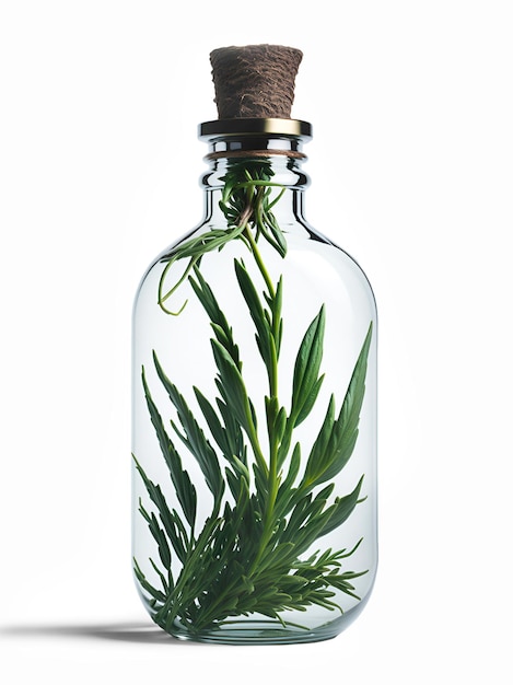 Eine Glasflasche mit grünen Blättern im Inneren auf weißem Hintergrund