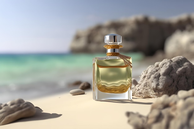 Eine Glasflasche Parfüm, die auf einem Meereshintergrund steht. Ein neuronales Netzwerk erzeugte Kunst